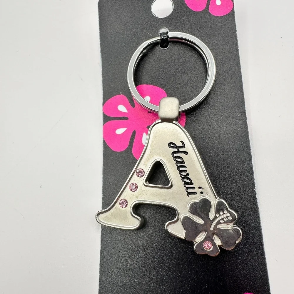 VTG 90s Island Girl Silver Tone Hawaii Initial A Keychain Pink Glass Hibiscus